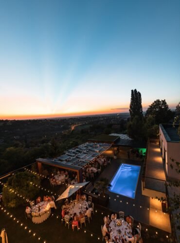 High angle view of wedding celebration at sunset. Copy space.